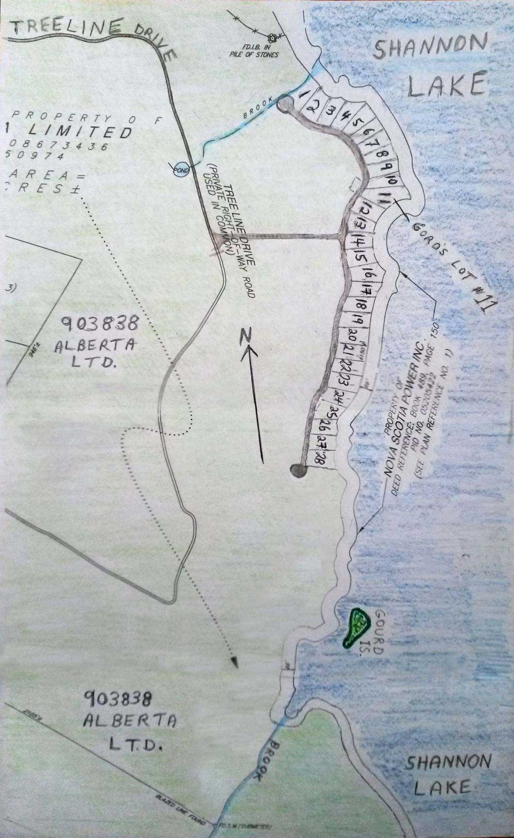 Hand drawn plan of campground Hand drawn map of the off-grid campground on the lake